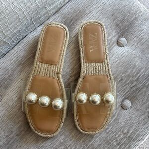 Zara Tan Sandals with Pearl Details